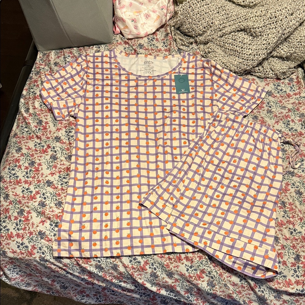 Cozy women’s Pajamas Set - Purple and Orange Checkered